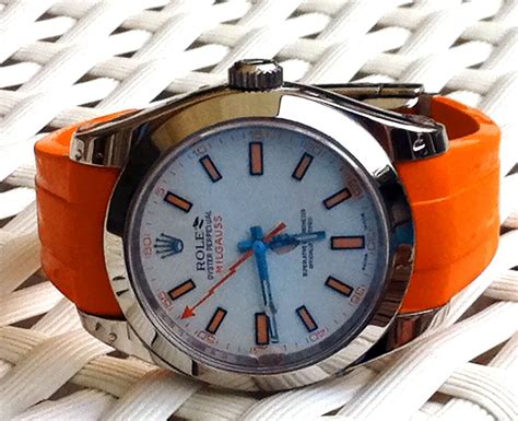 rolex milgauss orange band|rolex milgauss price used.